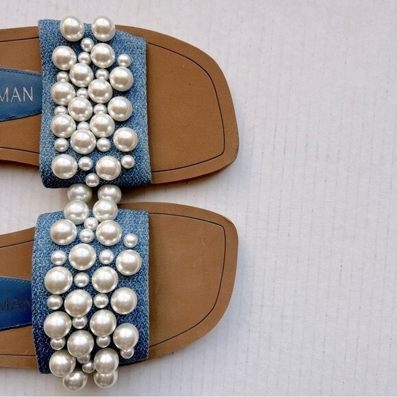 Stuart Weitzman Blue Denim Slide Flat Slip On Sandal Shoes w/ Pearls Women 5 B - Picture 2 of 14